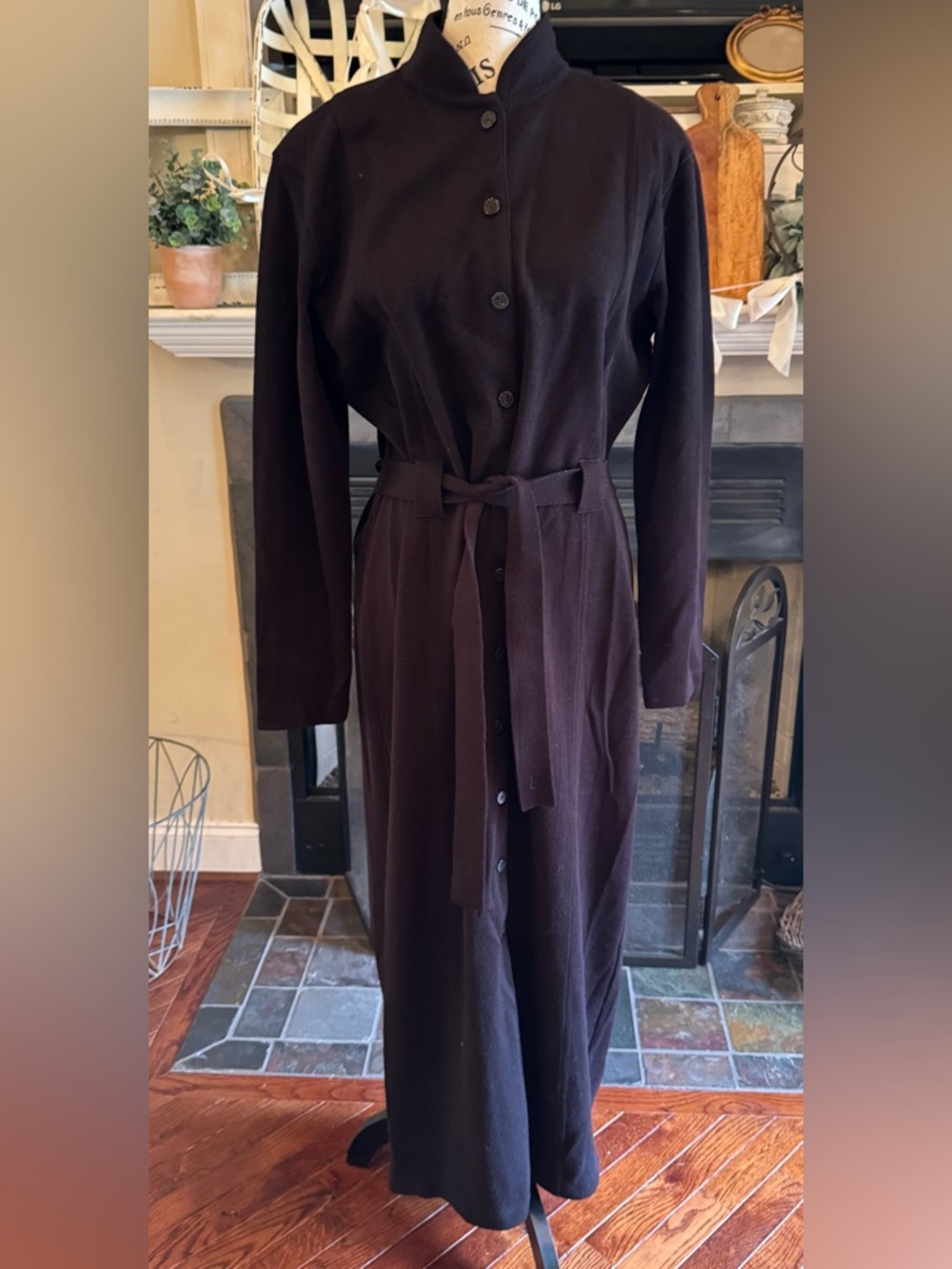 Dana Buchman Vintage Full Length Black Wool Sweater Coat Dress Belt Tie Button